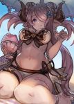  1girl bikini blue_eyes breasts cleavage doraf double_bun ecens granblue_fantasy hair_over_one_eye heart heart-shaped_pupils horns large_breasts lavender_hair leg_garter long_hair looking_at_viewer narumeia_(granblue_fantasy) navel pointy_ears sitting smile solo swimsuit symbol-shaped_pupils twintails 