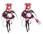  1girl alternate_costume apron bare_shoulders black_legwear blush bow breasts cleavage demon_tail demon_wings detached_sleeves dress eyepatch garter_straps hair_bow head_wings koakuma long_hair looking_at_viewer mio-muo1206 necktie polearm red_eyes red_necktie redhead simple_background solo tail thigh-highs touhou trident waist_apron weapon white_background wings 