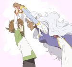  2girls brown_eyes brown_hair catgirl0926 dark_skin dress eye_contact flipped_hair glasses holding_hands leaning_forward long_hair looking_at_another multiple_girls pidge_gundarsson pink_background princess_allura profile reverse_trap voltron:_legendary_defender white_hair 