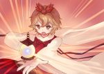  &gt;:o 1girl :o ainy77 bishamonten&#039;s_pagoda blonde_hair blush commentary_request dress glowing hair_ornament long_sleeves open_mouth orange_eyes red_ribbon ribbon short_hair solo toramaru_shou touhou upper_body wide_sleeves 