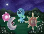  absurdres drawfag elgyem full_moon highres lunatone minior minior_(shields_down) moon night night_sky no_humans pokemon pokemon_(creature) sky solrock star_(sky) 