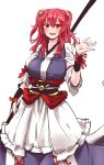  1girl :d arm_garter blush breasts hair_bobbles hair_ornament highres holding holding_weapon japanese_clothes large_breasts looking_at_viewer mappe_(778exceed) obi onozuka_komachi open_mouth red_eyes red_ribbon redhead ribbon sash scythe smile solo touhou two_side_up weapon 