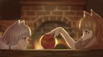  1girl animal_ears apple backlighting brown_hair character_request fireplace food fruit highres holo indoors long_hair looking_at_another red_eyes short_hair silver_hair spice_and_wolf table wolf_ears youzi_(small_shabao) 