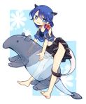 1girl :3 animal_ears bikini blue_eyes blue_hair doremy_sweet inflatable_toy no_hat sarong simple_background solo swimsuit tail tama_(soon32281) tapir touhou 