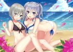  2girls beach bikini blue_eyes blurry breasts clouds cloudy_sky depth_of_field eyes_visible_through_hair flower hair_ornament hair_over_one_eye hairclip hamakaze_(kantai_collection) harimoji horizon kantai_collection kashima_(kantai_collection) large_breasts multiple_girls petals shore silver_hair sky sparkle swimsuit twintails wavy_hair 