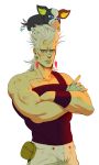  1boy absurdres animal animal_on_head bandaged_hands bandaid bandaid_on_nose blue_eyes crossed_arms dirty dog fart food frown fruit highres iggy_(jojo) index_finger_raised jean_pierre_polnareff jojo_no_kimyou_na_bouken male_focus muscle orange pouch sweat tail_wagging tariah_furlow white_hair 