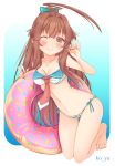  1girl adapted_costume bikini brown_eyes brown_hair doughnut food hair_ribbon high_ponytail innertube jewelry kantai_collection kneeling kuma_(kantai_collection) long_hair neckerchief one_eye_closed popsicle ribbon ring sailor_collar smile solo swimsuit wedding_ring yukina_(black0312) 