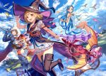  1boy 2girls :d animal_hood armor barefoot berserker_(granblue_fantasy) bird blonde_hair blue_eyes blue_hair blue_sky blush boots bracelet brown_hair choker clouds cloudy_sky commentary_request djeeta_(granblue_fantasy) dove dragon dress dutch_angle fantasy floating_island flower gloves gran_(granblue_fantasy) granblue_fantasy grin hat hood jewelry long_hair looking_at_viewer lyria_(granblue_fantasy) multiple_girls open_mouth petals puffy_short_sleeves puffy_sleeves short_sleeves siro sky smile staff thigh-highs thigh_boots vee_(granblue_fantasy) wand warlock_(granblue_fantasy) white_gloves witch_hat wizard_hat 