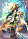  androgynous artist_name black_hair blue_eyes c.seryl flower flute hair_over_one_eye hat hat_flower instrument kaku-san-sei_million_arthur long_hair looking_at_viewer official_art standing straw_hat very_long_hair watermark 