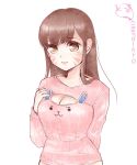  1girl adapted_costume animal_band arm_behind_back bangs blush breasts brown_eyes brown_hair casual d.va_(overwatch) hand_on_own_chest korean long_hair long_sleeves medium_breasts open-chest_sweater overwatch pink_sweater print_sweater ribbed_sweater simple_background solo surugi-san sweater swept_bangs translation_request upper_body wavy_mouth whisker_markings white_background 