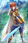  1boy age_of_ishtaria blue_eyes cape gloves holding holding_sword holding_weapon mountain official_art ryuga_(balius) solo standing sword toki_no_ishutaria watermark weapon 