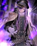  1boy artist_name belt c.seryl epaulettes eyepatch gloves hair_over_one_eye hat indoors long_hair male_focus purple_hair solo tenkuu_no_crystalia uniform violet_eyes watermark white_gloves 