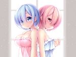  2girls arm_at_side backpack bag bare_arms blue_eyes blue_hair blush breast_envy breasts camisole colored_eyelashes eyebrows eyebrows_visible_through_hair from_side hair_over_one_eye large_breasts light_particles looking_at_viewer medium_breasts multiple_girls nullken palms pink_hair pout ram_(re:zero) re:zero_kara_hajimeru_isekai_seikatsu rem_(re:zero) short_hair siblings sisters sleeveless smile twins upper_body window 