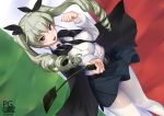  1girl :d akasaai anchovy bangs belt black_necktie black_skirt blush brown_eyes cape clenched_hand copyright_name dress_shirt drill_hair dutch_angle flag flag_background girls_und_panzer green_hair hair_between_eyes hair_ribbon hat highres holding italian_flag long_hair long_sleeves looking_at_viewer miniskirt necktie open_mouth pantyhose pleated_skirt red_eyes ribbon riding_crop shirt skirt skirt_lift smile solo twin_drills twintails white_legwear white_shirt wind wind_lift 