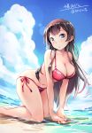  1girl agano_(kantai_collection) all_fours alternate_costume artist_name bare_legs barefoot beach bikini blue_eyes blush breasts brown_hair clouds cloudy_sky collarbone from_side full_body hair_over_shoulder hanging_breasts highres kantai_collection large_breasts long_hair looking_at_viewer midriff mousoup navel open_mouth red_bikini sand side-tie_bikini signature skindentation sky solo swimsuit thighs water 