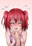  absurdres bare_shoulders blush camisole closed_eyes finger_in_another&#039;s_mouth hand_grab highres kurosawa_ruby love_live! love_live!_sunshine!! open_mouth redhead solo_focus sweat two_side_up yuuki_(nijiiro_palette) 