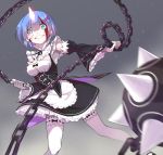  1girl apron bangs blood blood_on_breasts blood_on_face blood_splatter blue_eyes blue_hair chain collar detached_collar detached_sleeves flail frilled_apron frilled_collar frilled_skirt frilled_sleeves frills garter_straps grin gulim hair_ornament highres holding holding_weapon horn injury looking_at_viewer maid maid_apron maid_headdress morning_star neck_ribbon re:zero_kara_hajimeru_isekai_seikatsu rem_(re:zero) ribbon short_hair skirt smile solo teeth thigh-highs weapon white_legwear wide_sleeves x_hair_ornament 