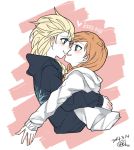  2girls anna_(frozen) blonde_hair blue_eyes braid couple elsa_(frozen) eye_contact frozen_(disney) happy hood hoodie hug incest looking_at_another multiple_girls orange_hair siblings single_braid sisters smile tanco_sae twin_braids yuri 