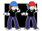  2boys backwards_hat baseball_cap beanie brothers gold_chain hat headphones male_focus matching_outfit matsuno_karamatsu matsuno_osomatsu medama-clip minna_no_rhythm_tengoku multiple_boys osomatsu-kun osomatsu-san outside_border parody rhythm_tengoku shoes siblings smile sneakers wristband 