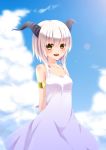  1girl armlet arms_behind_back bare_shoulders blue_sky chitose_(usacan) clouds dress highres horns lens_flare looking_at_viewer open_mouth original short_hair_with_long_locks sky solo sundress white_dress white_hair yellow_eyes 