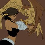  1girl animal bangs bare_shoulders bird black_nails black_shorts braid breasts brown_background brown_eyes brown_hair crop_top dark_skin eagle eye_of_horus facial_mark facial_tattoo falconry from_side hair_tubes large_breasts nail_polish overwatch pharah_(overwatch) short_hair shorts side_braids simple_background solo tattoo turtleneck 
