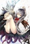  1girl arm_up asymmetrical_wings bangs barefoot black_shorts black_wings bow breasts brooch dated expressionless falling feathered_wings feathers feet flower full_body grey_jacket grey_wings hand_on_own_thigh hand_up highres houdukixx jewelry kishin_sagume legs legs_up looking_at_viewer parted_lips petals purple_shirt red_eyes shiny shiny_hair shirt short_hair shorts silver_hair small_breasts solo thigh_grab thighs toes touhou twitter_username upshorts wings 