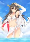  1girl absurdres ball beachball bikini black_hair breasts brown_eyes cleavage clouds cloudy_sky front-tie_top gensoukitan hair_between_eyes hairband haruna_(kantai_collection) highres jacket kantai_collection long_hair looking_at_viewer medium_breasts midriff navel sarong sky smile solo standing standing_on_liquid swimsuit thighs track_jacket white_bikini white_jacket 