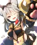  1girl ;d animal_ears bangs black_shirt cat_ears cat_paws chita_(ketchup) claw_(weapon) cutout erun_(granblue_fantasy) fang gloves granblue_fantasy hair_between_eyes highres long_hair microskirt midriff one_eye_closed open_mouth paw_gloves paws red_eyes sen_(granblue_fantasy) shirt simple_background skirt slit_pupils smile solo twitter_username weapon white_background 
