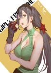  1girl apple artist_name bare_shoulders black_eyes black_hair breasts cancer_(zjcconan) cleavage cleavage_cutout food fruit girls_frontline gloves goggles goggles_on_head halterneck large_breasts long_hair looking_at_viewer low_twintails open_mouth solo twintails type_56_assault_rifle_(girls_frontline) upper_body 
