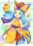  1girl blue_hair crystal_ball dragon_quest dragon_quest_vii dress fosse_(dq7) full_body green_eyes mizuno_mumomo orange_dress puchimagi wand 