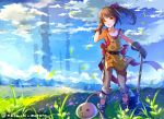  1girl blush brown_eyes brown_hair clouds cloudy_sky gloves grass hammer hammer_(ole_tower) long_hair mataichi_matarou ole_tower one_eye_closed open_mouth side_ponytail sky slime smile solo tower 