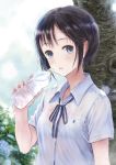  1girl black_hair blue_eyes blush bottle bra breasts commentary_request fujita_hidetoshi looking_at_viewer open_mouth original school_uniform see-through shirt short_hair solo underwear water_bottle wet wet_clothes white_bra white_shirt 