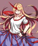  1girl :d alcohol blonde_hair blue_skirt breasts chain cleavage collarbone cuffs fangs hand_on_hip highres horn hoshiguma_yuugi large_breasts long_hair looking_at_viewer mappe_(778exceed) oni open_mouth pointy_ears red_eyes sakazuki sake shackles shirt short_sleeves skirt smile solo touhou very_long_hair white_shirt 