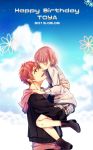  ankle_boots brown_eyes brown_hair carrying fujieda_neri holding_another kiss nanase_touya onoco red_hair size_difference smile zettai_kaikyuu_gakuen 