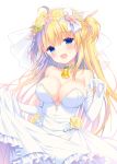  1girl :d ahoge bare_shoulders bell blonde_hair blue_eyes blush bow breasts cleavage dress elbow_gloves eyebrows eyebrows_visible_through_hair flower gloves hair_bow hair_flower hair_ornament large_breasts long_hair looking_at_viewer open_mouth original rose smile solo two_side_up wedding_dress white_bow white_dress white_gloves yamucha yellow_rose 