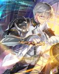  1boy armor artist_name c.seryl earrings glasses glint gloves holding holding_sword holding_weapon indoors jewelry looking_at_viewer male_focus official_art pointing_sword sheath sheathed silver_hair standing sunlight sword tagme tenkuu_no_crystalia violet_eyes watermark weapon white_gloves window 