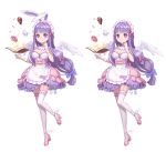  1girl alternate_costume animal_ears apron blue_bow blush book bow breasts cake cleavage cup doughnut enmaided feathered_wings food garter_straps gloves hair_bow kemonomimi_mode large_breasts long_hair looking_at_viewer maid maid_headdress mio-muo1206 patchouli_knowledge purple_hair rabbit_ears red_bow simple_background sleeveless smile solo teacup thigh-highs touhou white_background white_gloves white_legwear wings wrist_cuffs zettai_ryouiki 