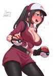  1girl 2016 artist_name baseball_cap belt black_hair black_legwear blush breasts cleavage dated female_protagonist_(pokemon_go) fingerless_gloves full-face_blush gloves green_eyes hat heavy_breathing holding holding_poke_ball large_breasts leggings long_hair open_mouth poke_ball pokemon pokemon_go ponytail solo sweat white_background zheng 