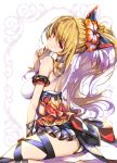  1girl arm_garter back bare_shoulders black_skirt blonde_hair bow breasts choker closed_mouth flower from_side granblue_fantasy hair_bow hair_flower hair_ornament hand_on_own_chin head_tilt hibiscus hong_(white_spider) long_hair looking_at_viewer looking_back microskirt red_eyes revision sitting skirt smile solo vira 