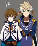  2boys brown_hair color_switch earrings feather_earrings green_eyes highres jewelry male_focus mikleo_(tales) multiple_boys short_hair sorey_(tales) tales_of_(series) tales_of_zestiria tasasakiamagu violet_eyes white_hair 