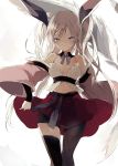  1girl bare_shoulders black_legwear blue_eyes breasts cowboy_shot detached_collar detached_sleeves feathers hair_ornament long_hair looking_at_viewer lp_(hamasa00) original red_skirt silver_hair single_thighhigh skirt solo thigh-highs twintails wide_sleeves 