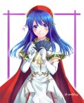  1girl alternate_costume ane-suisei blue_eyes blue_hair blush blush_stickers card dress elbow_gloves fire_emblem fire_emblem:_fuuin_no_tsurugi fire_emblem_cipher gloves hat holding holding_card jewelry lilina long_hair playing_games short_sleeves smile solo twitter_username white_dress white_gloves 