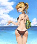  1girl ass blonde_hair bracelet clouds earrings elf food fruit green_eyes green_nails highres jewelry kinketsu lips long_hair looking_at_viewer looking_back nail_polish pointy_ears ponytail shoulder_blades sky smile solo swimsuit water watermelon 