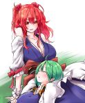  2girls adapted_costume arm_garter arm_support asymmetrical_hair bare_shoulders blue_vest blush breasts cleavage collarbone detached_sleeves green_hair hair_bobbles hair_ornament highres japanese_clothes lap_pillow large_breasts mappe_(778exceed) multiple_girls no_hat obi onozuka_komachi parted_lips red_eyes redhead sash shiki_eiki sleeping sleeping_on_person smile touhou two_side_up wrist_cuffs 
