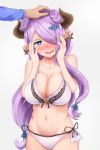  1girl bikini blue_eyes breasts doraf double_bun earrings granblue_fantasy grey_background hair_over_one_eye heart heart-shaped_pupils highres horns jewelry large_breasts narumeia_(granblue_fantasy) navel oumi_(rsag) petting pointy_ears purple_hair simple_background smile solo_focus swimsuit symbol-shaped_pupils white_bikini 
