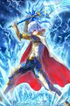  1boy age_of_ishtaria blue_eyes cape crystal electricity fighting_stance gauntlets holding holding_sword holding_weapon male_focus official_art ryuga_(balius) solo standing sword toki_no_ishutaria watermark weapon white_hair wide_stance 