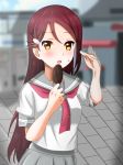  blush brown_eyes ice_cream long_hair love_live!_sunshine!! maroon_hair sakurauchi_riko seifuku 