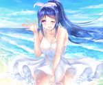  beach blue_hair blush dress long_hair love_live!_sunshine!! matsuura_kanan ponytail purple_eyes smile wink 