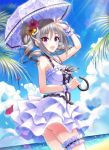  blush dress grey_hair idolmaster idolmaster_cinderella_girls kanzaki_ranko long_hair red_eyes sky smile twintails umbrella 