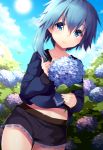  1girl asymmetrical_hair blue_eyes blue_hair dutch_angle flower hydrangea kantai_collection long_hair looking_at_viewer minazuki_(kantai_collection) navel school_uniform serafuku short_hair smile solo sun xayux 